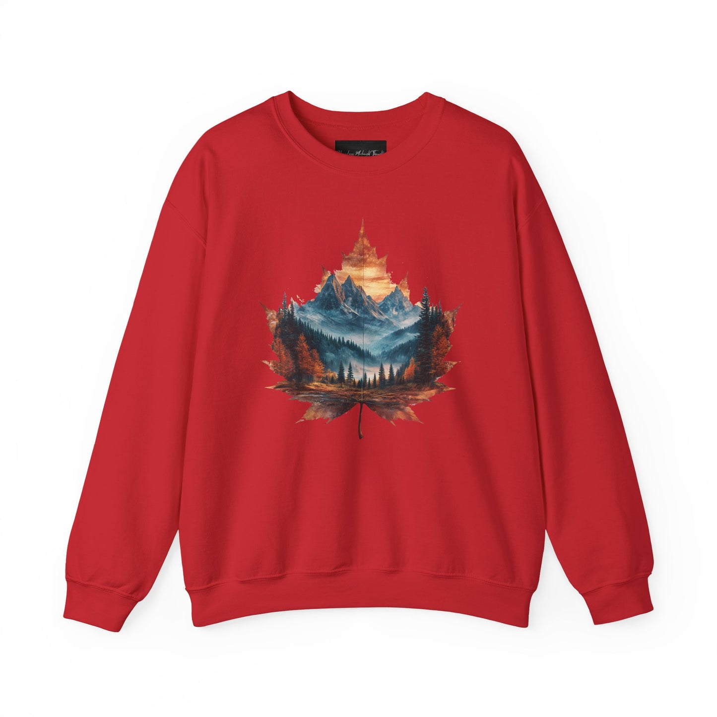 On the front of this Canadian pride sweatshirt is a large maple leaf with the inside of the leaf having a picture of the Rocky Mountains in the fall time.