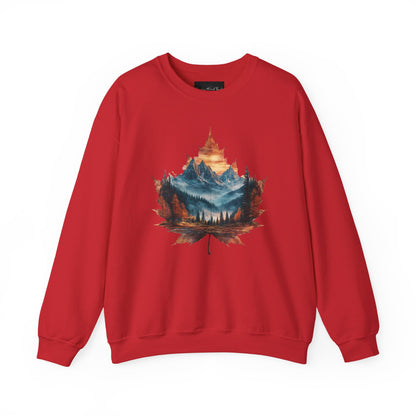On the front of this Canadian pride sweatshirt is a large maple leaf with the inside of the leaf having a picture of the Rocky Mountains in the fall time.
