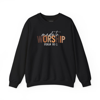 On the front of this Christian pullover sweatshirt it says Made To Worship Psalm 95:1, the word worship is done in large block letters with every letter being a different shade of brown.