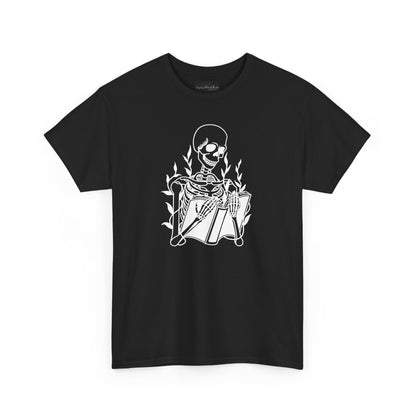 On the front of this custom unisex short sleeve shirt is a large image of a skeleton reading a book, there are vines with leaves on them behind the skeleton.
