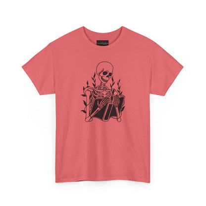 On the front of this custom unisex short sleeve shirt is a large image of a skeleton reading a book, there are vines with leaves on them behind the skeleton.