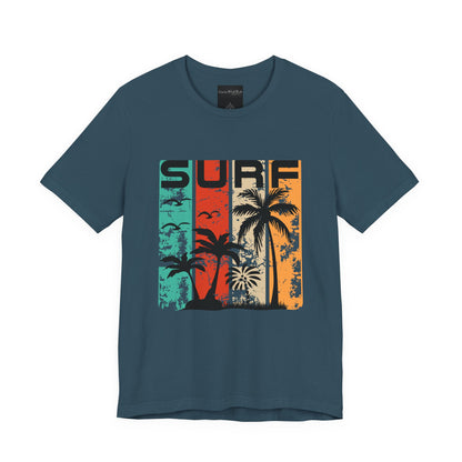 On the front of this custom vacation shirt is the word SURF in large letters at the top of the shirt, each letter has a different colored line through it to the bottom, there are images of palm trees and birds flying underneath the word.