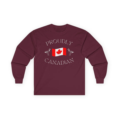 On the front of this Canadian made unisex custom long sleeve t-shirt are the words Proudly Canadian in large font with an image of a Canadian flag in the center, there are two Canadian geese on either side of the flag.