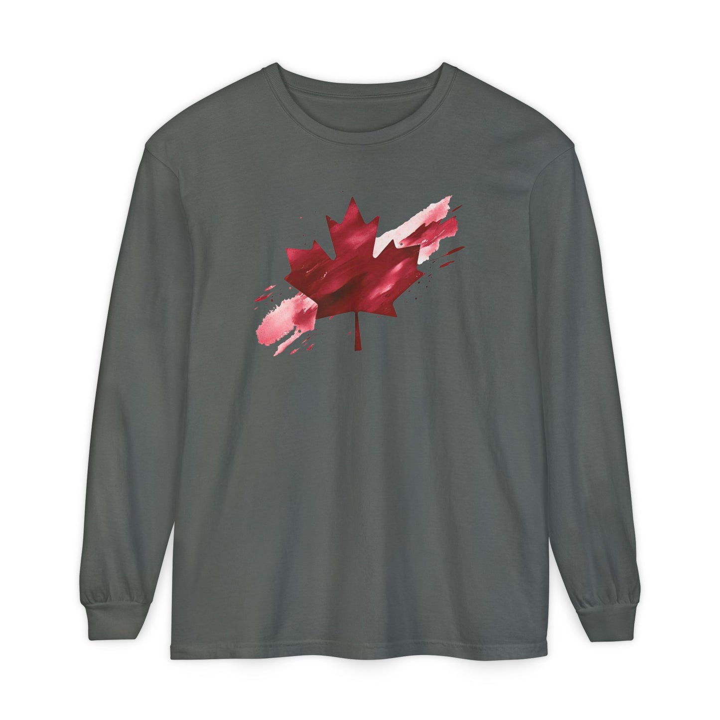 On the front of this unisex long sleeve shirt is an image of a Canadian maple leaf that is bright red, it looks like it has been spray painted onto the front of the shirt.
