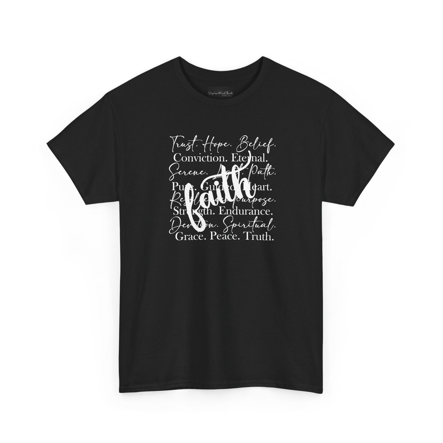 On the front of this custom Christian t-shirt are all the words that represent faith such as grace, conviction, endurance, purpose, trust, hope and many more, the word Faith is superimposed overtop.