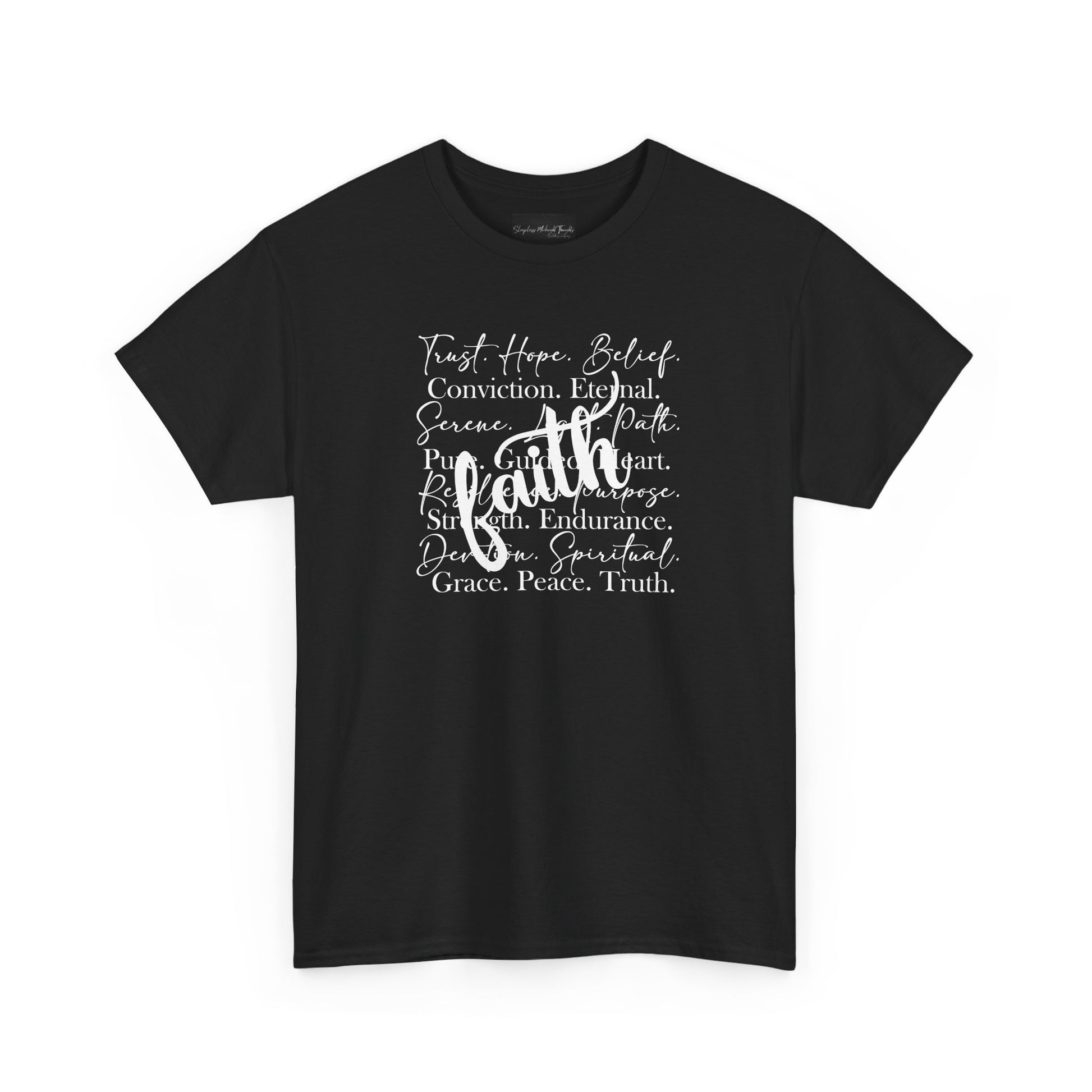 On the front of this custom Christian t-shirt are all the words that represent faith such as grace, conviction, endurance, purpose, trust, hope and many more, the word Faith is superimposed overtop.