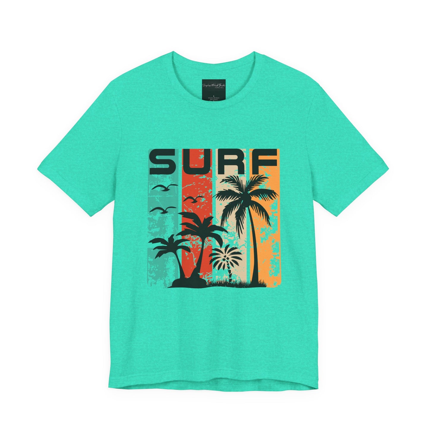 On the front of this custom vacation shirt is the word SURF in large letters at the top of the shirt, each letter has a different colored line through it to the bottom, there are images of palm trees and birds flying underneath the word.