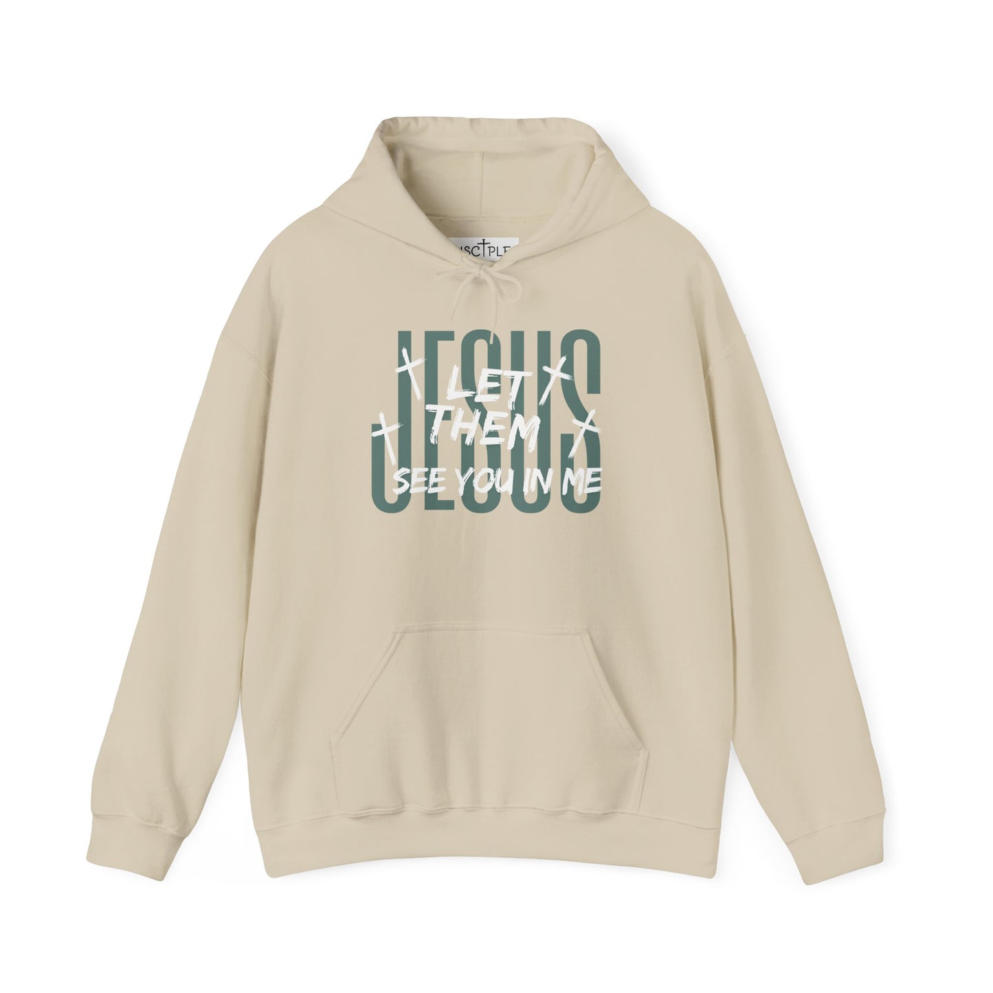 On the front of this custom Christian hoodie it says Jesus in large letters with the words Let them see you in me overlayed overtop of Jesus, there are crosses around the wording.