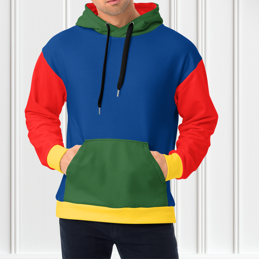 A custom hand sewn hoodie that has a color block design with the front and the back of the hoodie being a bright blue color, the front pocket and the outside of the hood are green, the inside of the hood and the sleeves are red in color with the cuffs of the sleeves and the waistband being a bright yellow color.