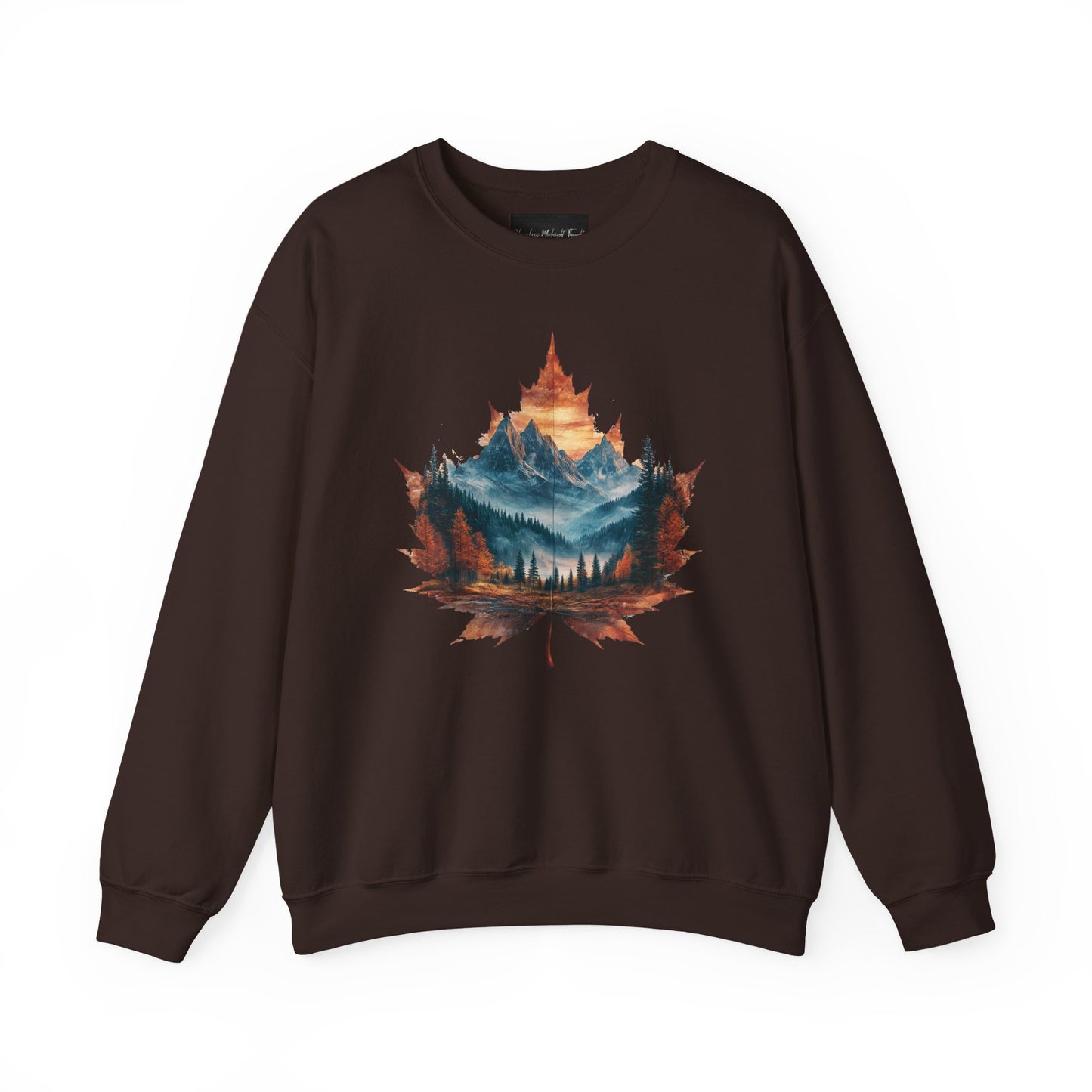 On the front of this Canadian pride sweatshirt is a large maple leaf with the inside of the leaf having a picture of the Rocky Mountains in the fall time.