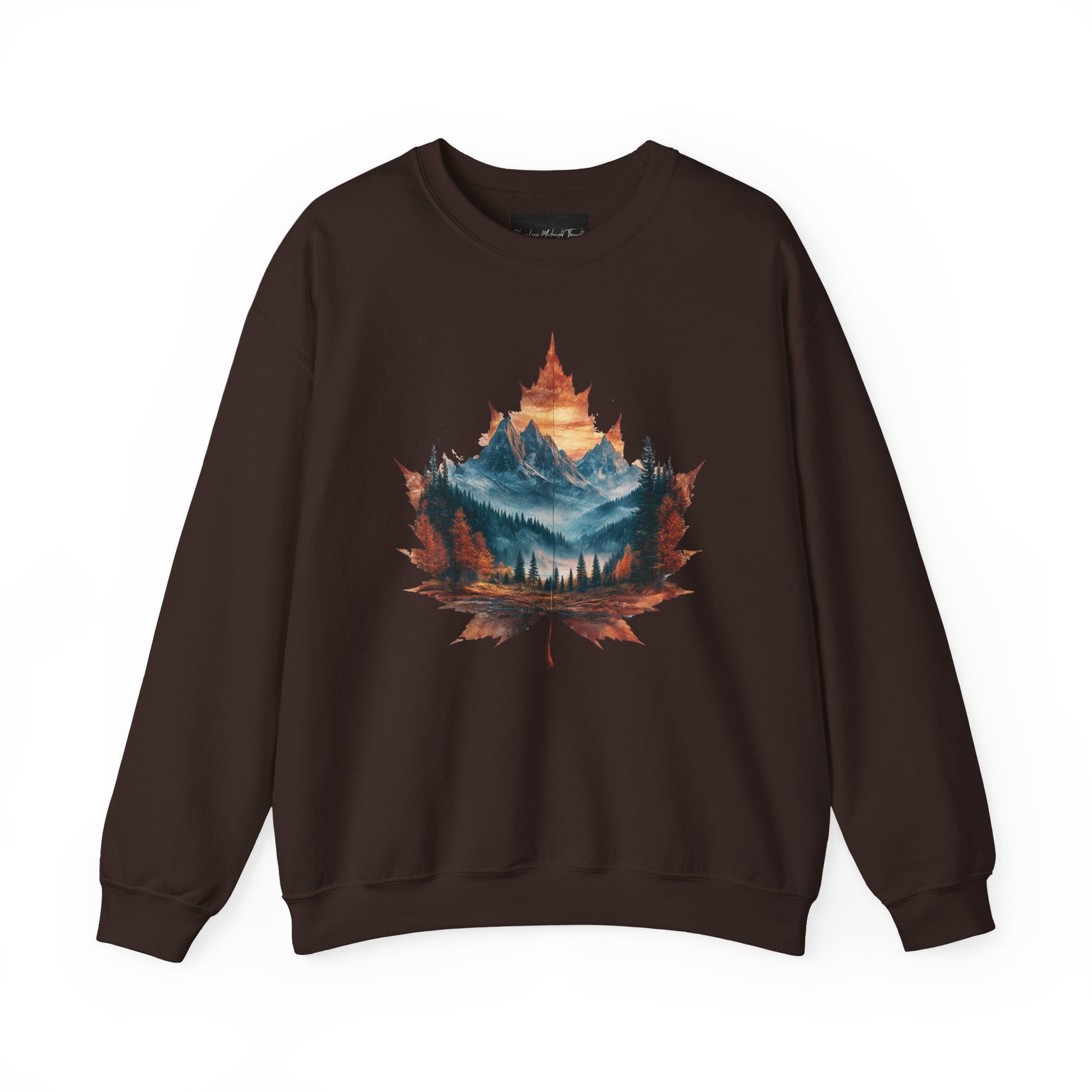 On the front of this Canadian pride sweatshirt is a large maple leaf with the inside of the leaf having a picture of the Rocky Mountains in the fall time.