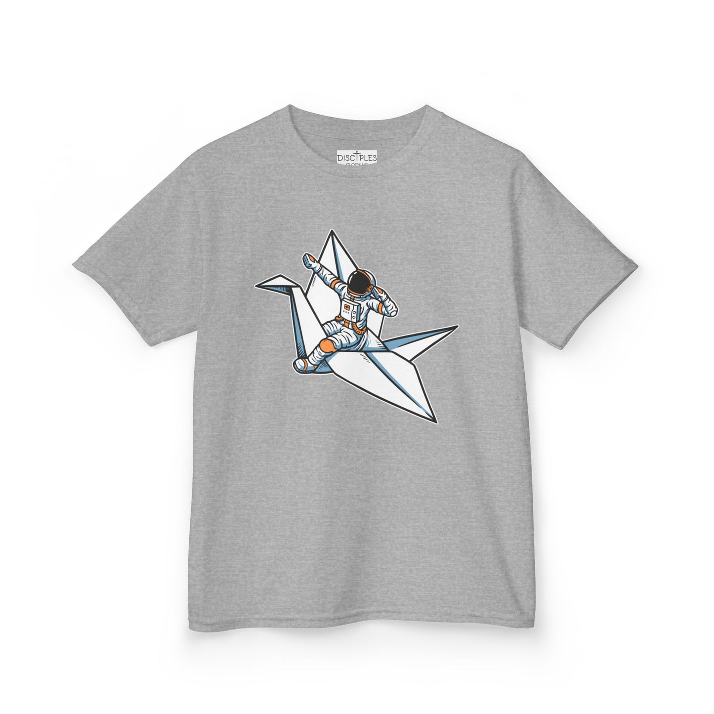 On the front of this custom kids t-shirt is an image of a astronaut flying on a paper plane.