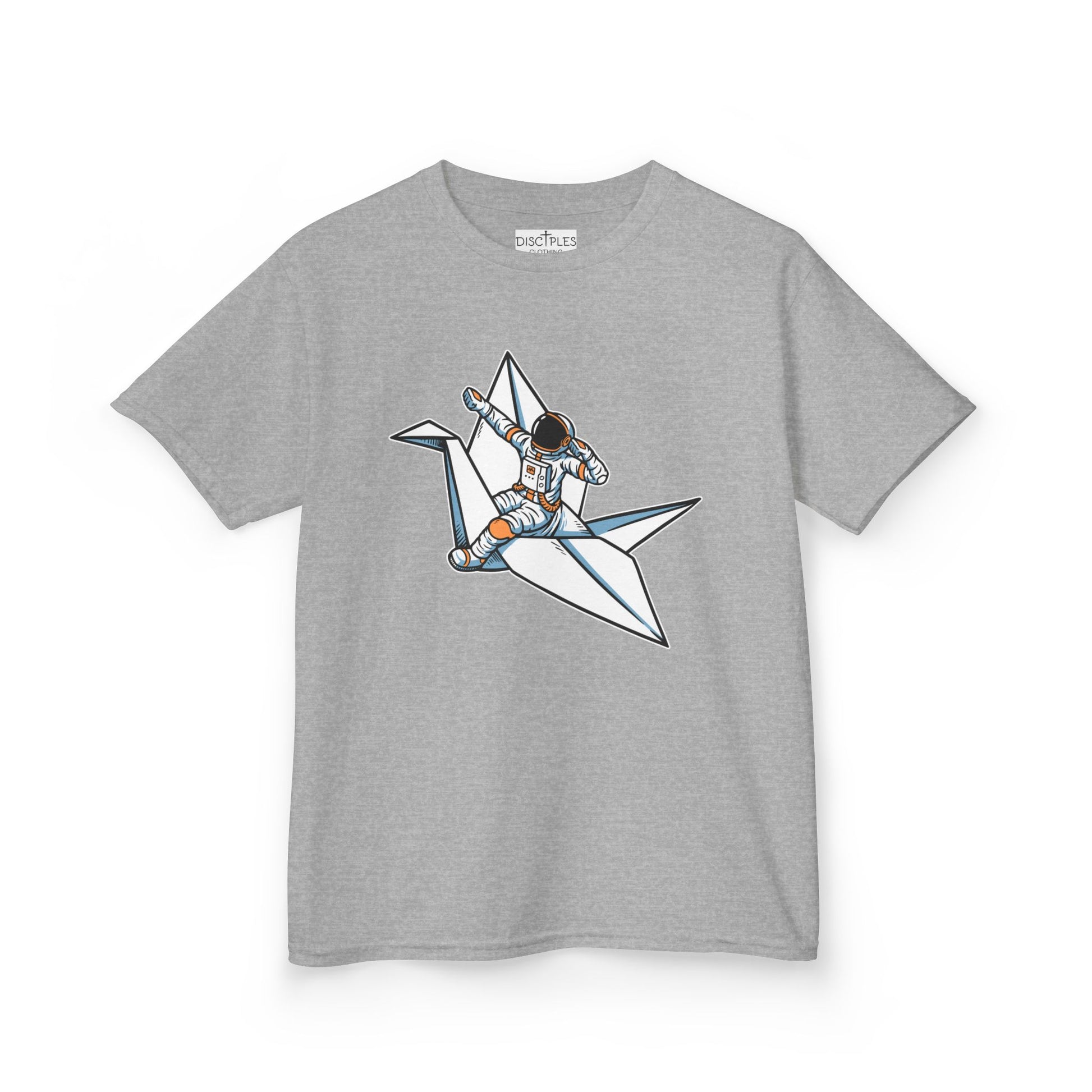 On the front of this custom kids t-shirt is an image of a astronaut flying on a paper plane.