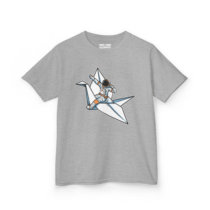 On the front of this custom kids t-shirt is an image of a astronaut flying on a paper plane.
