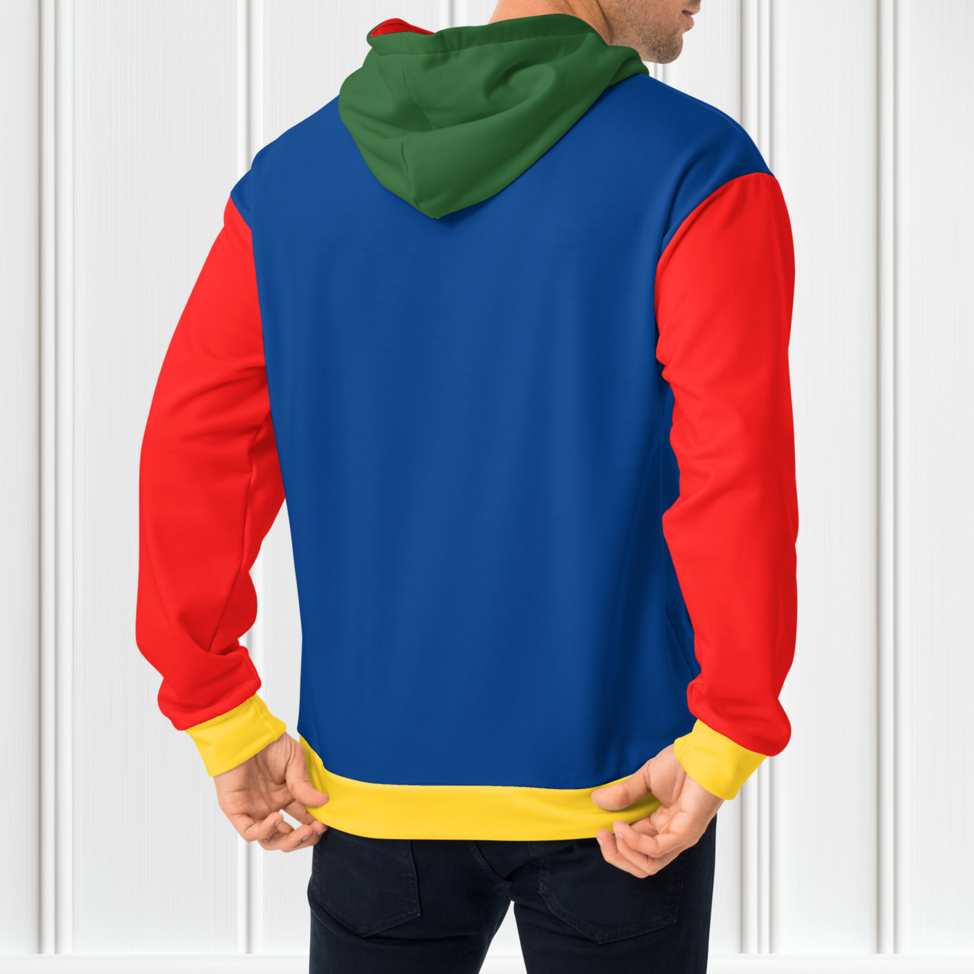 A custom hand sewn hoodie that has a color block design with the front and the back of the hoodie being a bright blue color, the front pocket and the outside of the hood are green, the inside of the hood and the sleeves are red in color with the cuffs of the sleeves and the waistband being a bright yellow color.