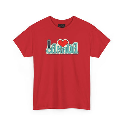 Red t-shirt with 'I ❤️ Canada' text on a white background