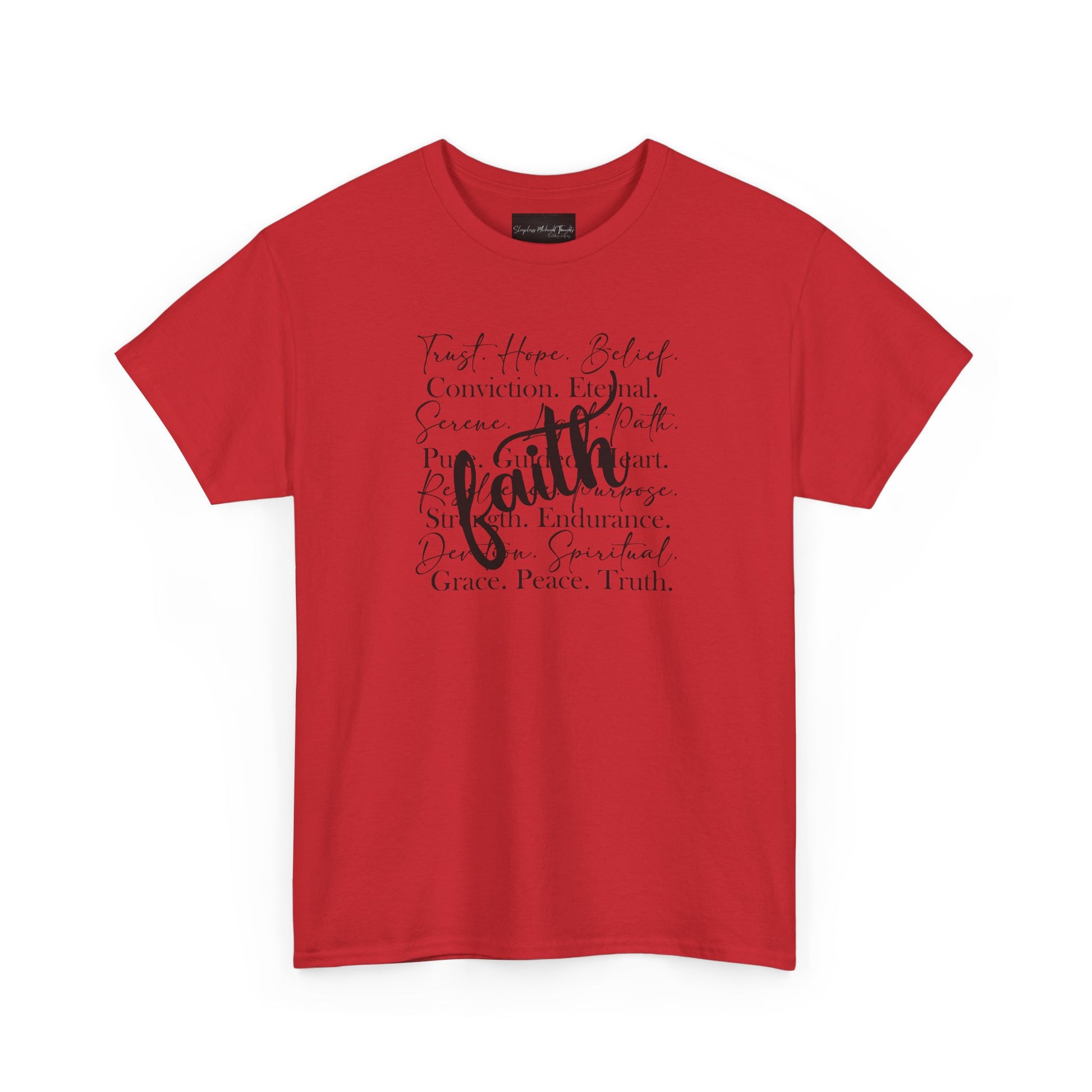 On the front of this custom Christian t-shirt are all the words that represent faith such as grace, conviction, endurance, purpose, trust, hope and many more, the word Faith is superimposed overtop.