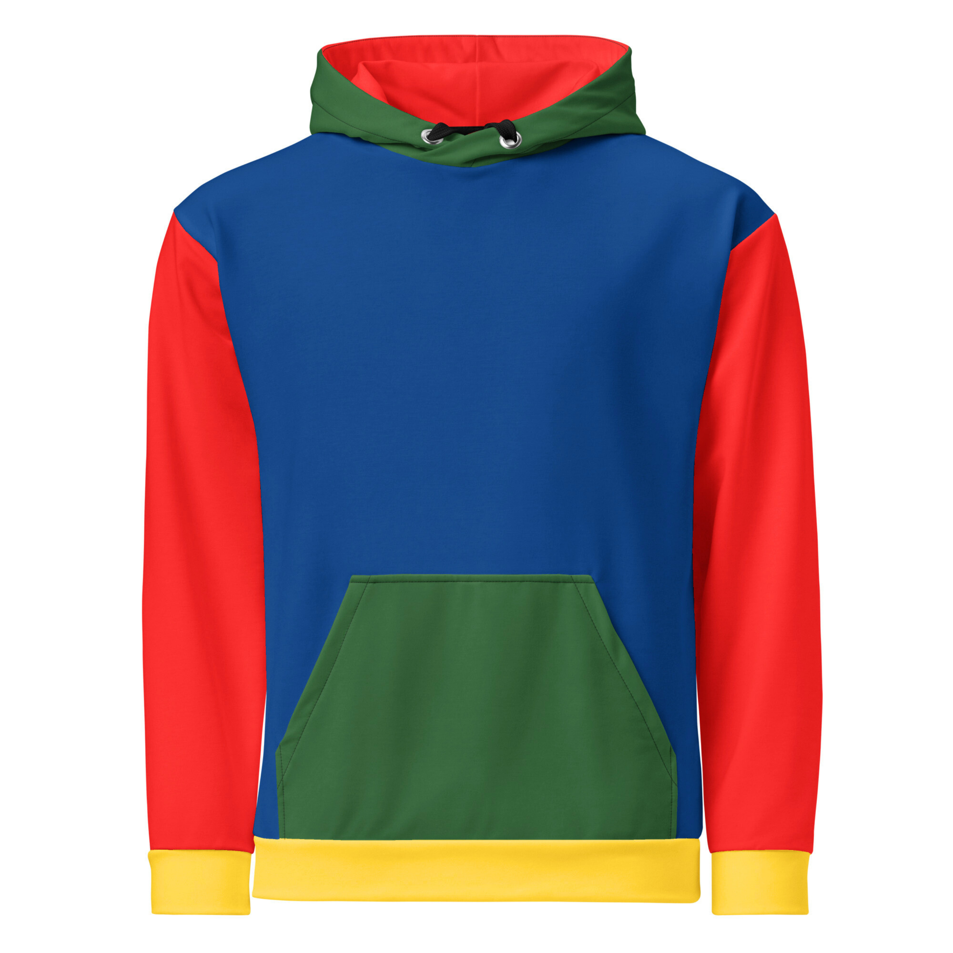 A custom hand sewn hoodie that has a color block design with the front and the back of the hoodie being a bright blue color, the front pocket and the outside of the hood are green, the inside of the hood and the sleeves are red in color with the cuffs of the sleeves and the waistband being a bright yellow color.