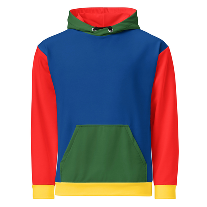 A custom hand sewn hoodie that has a color block design with the front and the back of the hoodie being a bright blue color, the front pocket and the outside of the hood are green, the inside of the hood and the sleeves are red in color with the cuffs of the sleeves and the waistband being a bright yellow color.