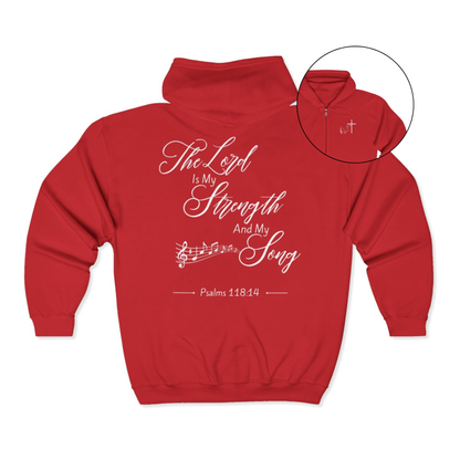 On the front of this custom Christian zip up sweater is a Jesus cross with music notes on the right chest, on the back of the sweater is the scripture the Lord is my strength and my song Psalms 118:14 with music notes underneath the writing.