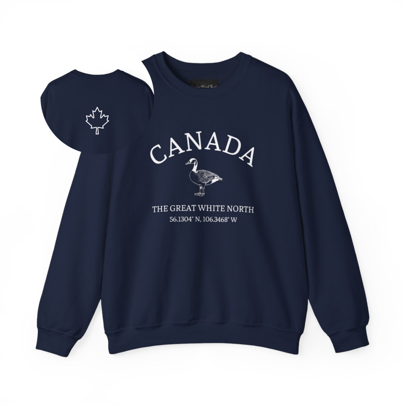 On the front of this unisex super soft Canadian sweatshirt is the word Canada in large text on the top with an image of a Canadian Goose underneath. Under the Goose are the words The Great White North with Canada's geological location under that.