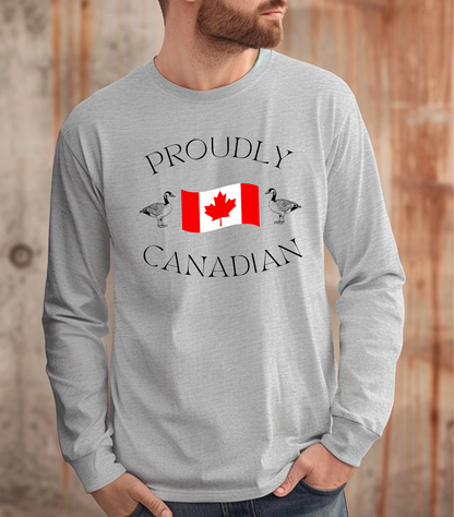 On the front of this Canadian made unisex custom long sleeve t-shirt are the words Proudly Canadian in large font with an image of a Canadian flag in the center, there are two Canadian geese on either side of the flag.