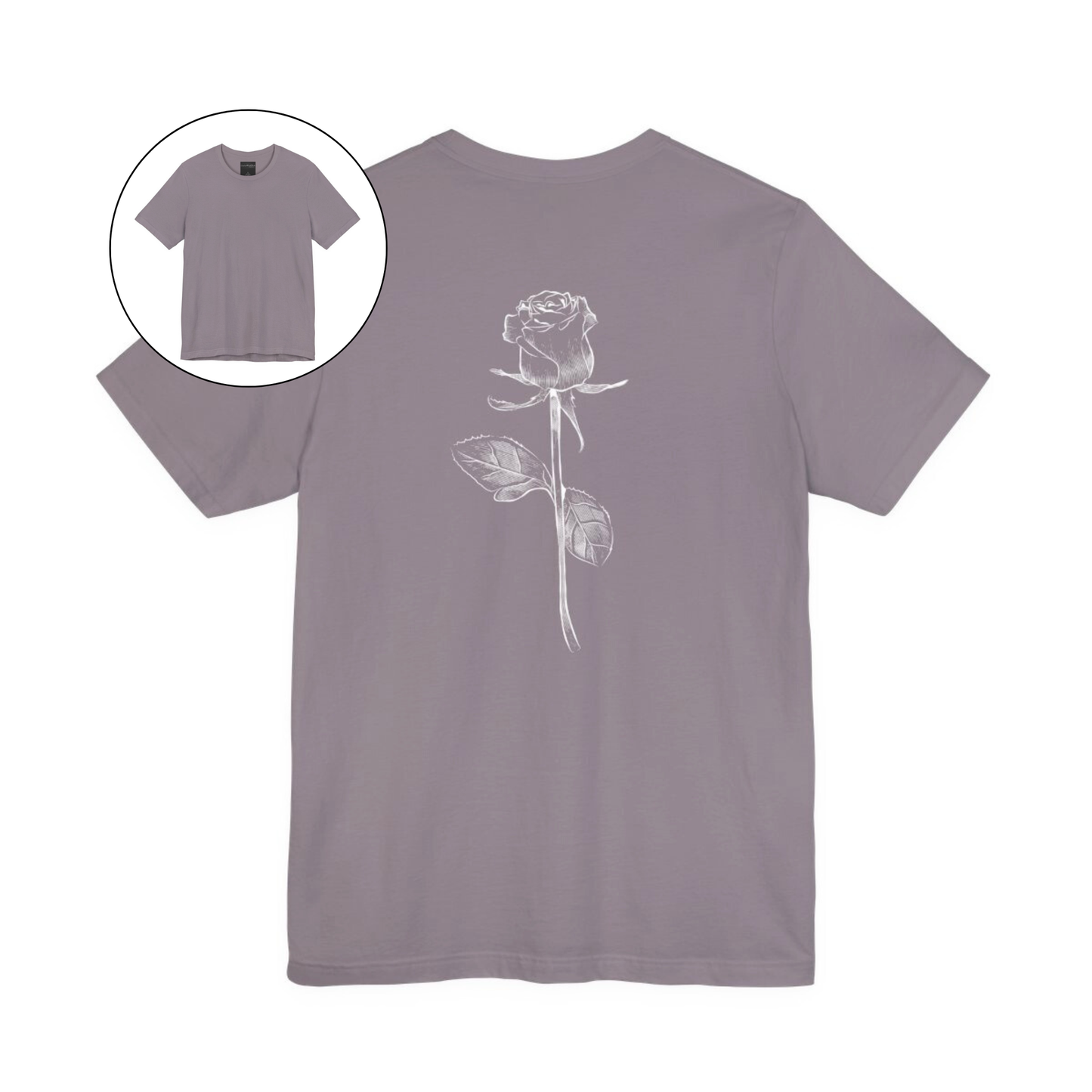 On the back of this custom women's short sleeve shirt is a large rose from the top to the bottom in the center of the back.