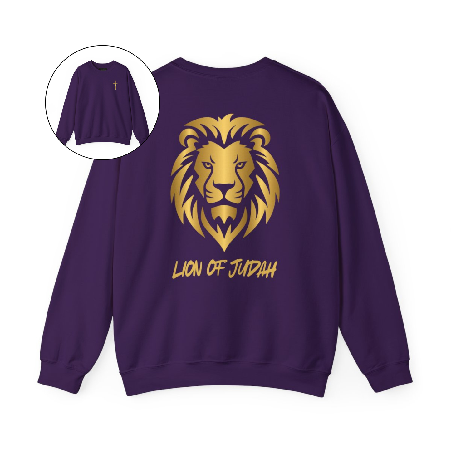 On the front of this custom Christian sweater is a gold Jesus cross on the front left chest, on the back of the pullover is a large gold male lion head with the words Lion of Judah in gold underneath the animal head.