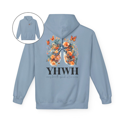 On the front of this custom women's Christian hoodie is a large heart that has a Jesus cross in the center of it, there are two butterflies around the heart. On the back of the sweater is an image of a pair of human lungs made from flowers and butterflies, under the image it says YHWH every breath speaks His name.