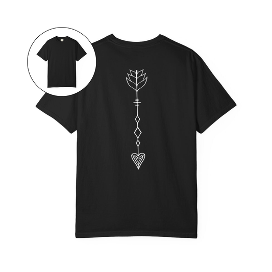 On the back of this custom women's t-shirt is a arrow that goes from the top center to just above the bottom of the shirt, the arrowhead of the arrow is in the shape of a heart.
