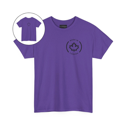 On the front of this custom short sleeve shirt is a circle on the upper left chest of the shirt with the words Made In Canada with a maple leaf in the middle, on the back of the shirt is a maple leaf right in between the shoulder blades.