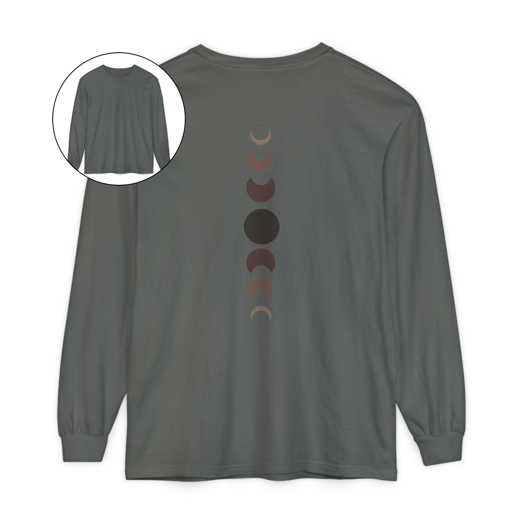 On the back of this custom unisex long sleeve t-shirt from the top of the shirt to the bottom are 7 images of the moon showing the moons cycle, every moon is a different shade of brown.