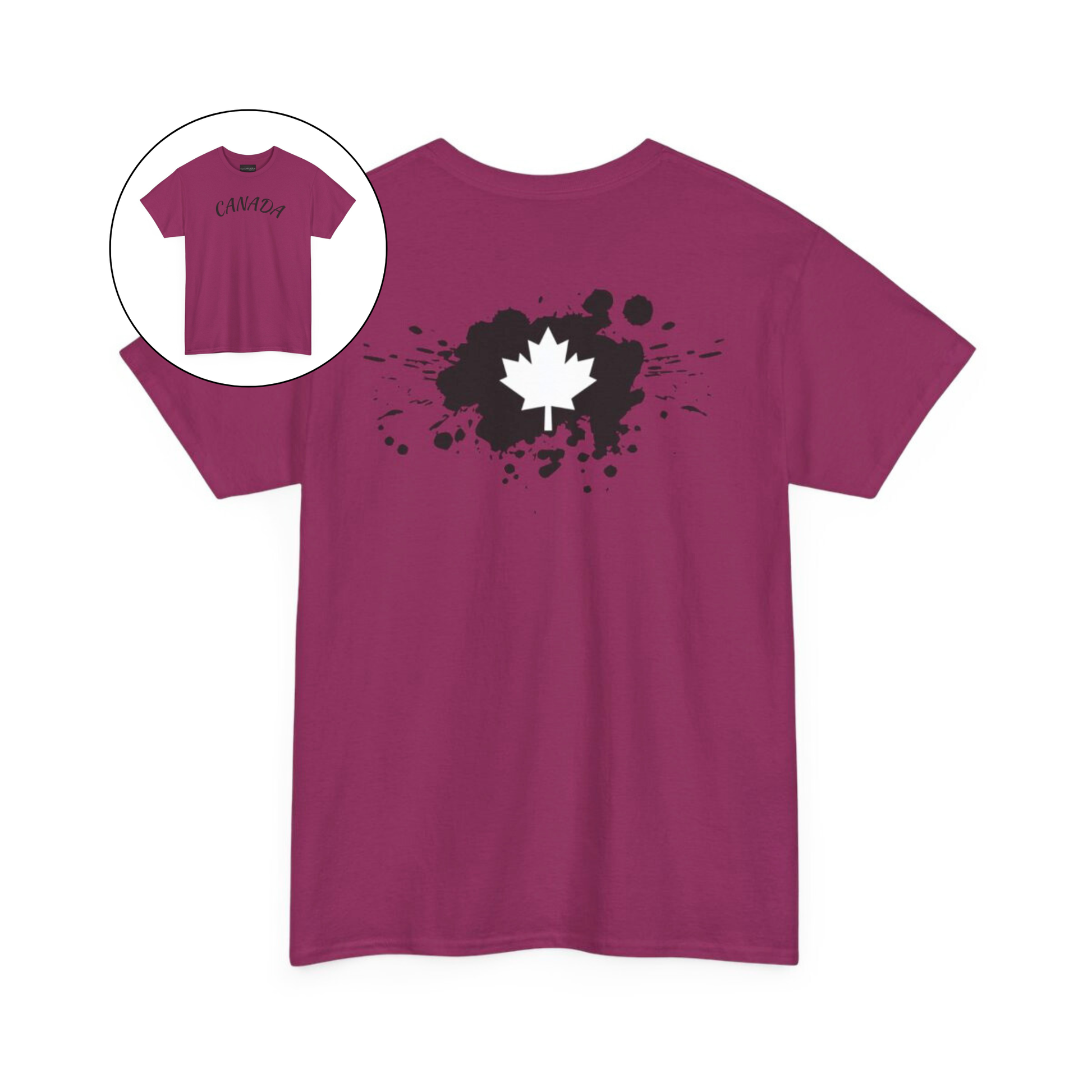 On the front of this custom short sleeve shirt is the word Canada in large letters across the chest, on the back of the shirt in between the shoulder blades is a large paint splatter with a maple leaf in the middle.