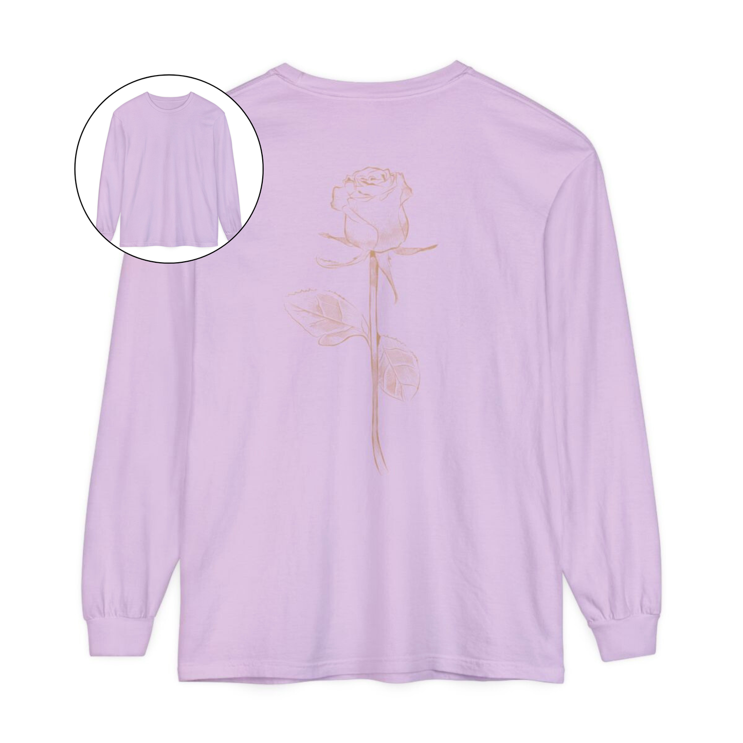 On the back of this custom women's long sleeve tee is a beige colored long stem rose that is the length of the shirt