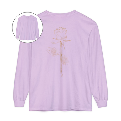 On the back of this custom women's long sleeve tee is a beige colored long stem rose that is the length of the shirt