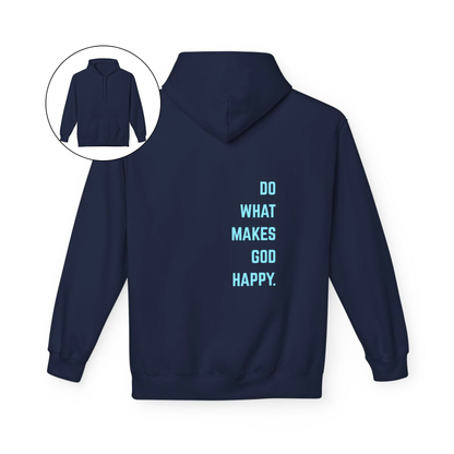 On the back of this Christian hoodie along the right side are the words Do what makes God Happy, every different color of hoodie has a different color of font.