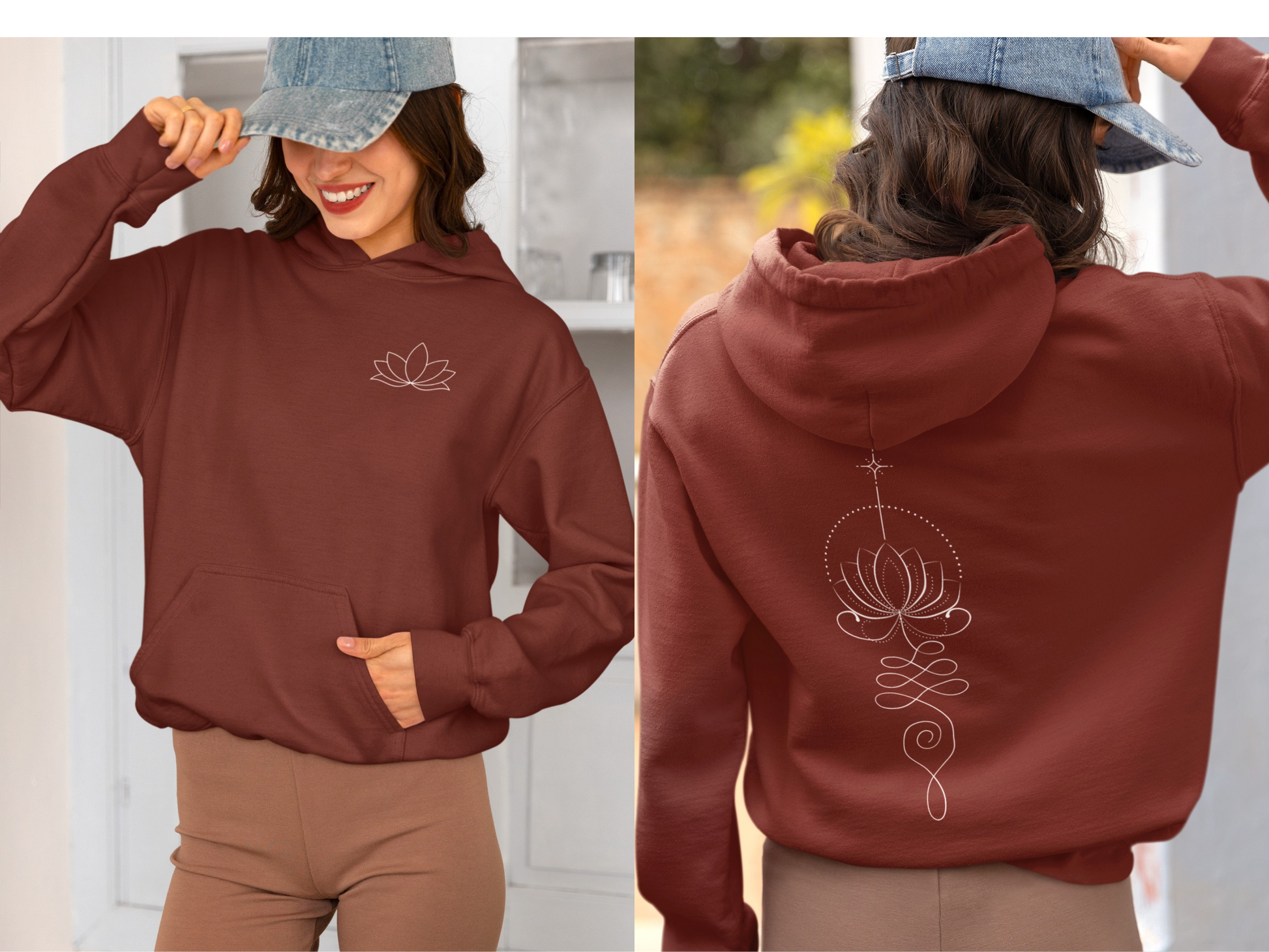 On the back of this custom women's hoodie is a unalome design with a lotus flower in the center of it, the design takes up the entire back of the hoodie from the top to the bottom, on the from of the hoodie, over the left chest is a image of a lotus flower.