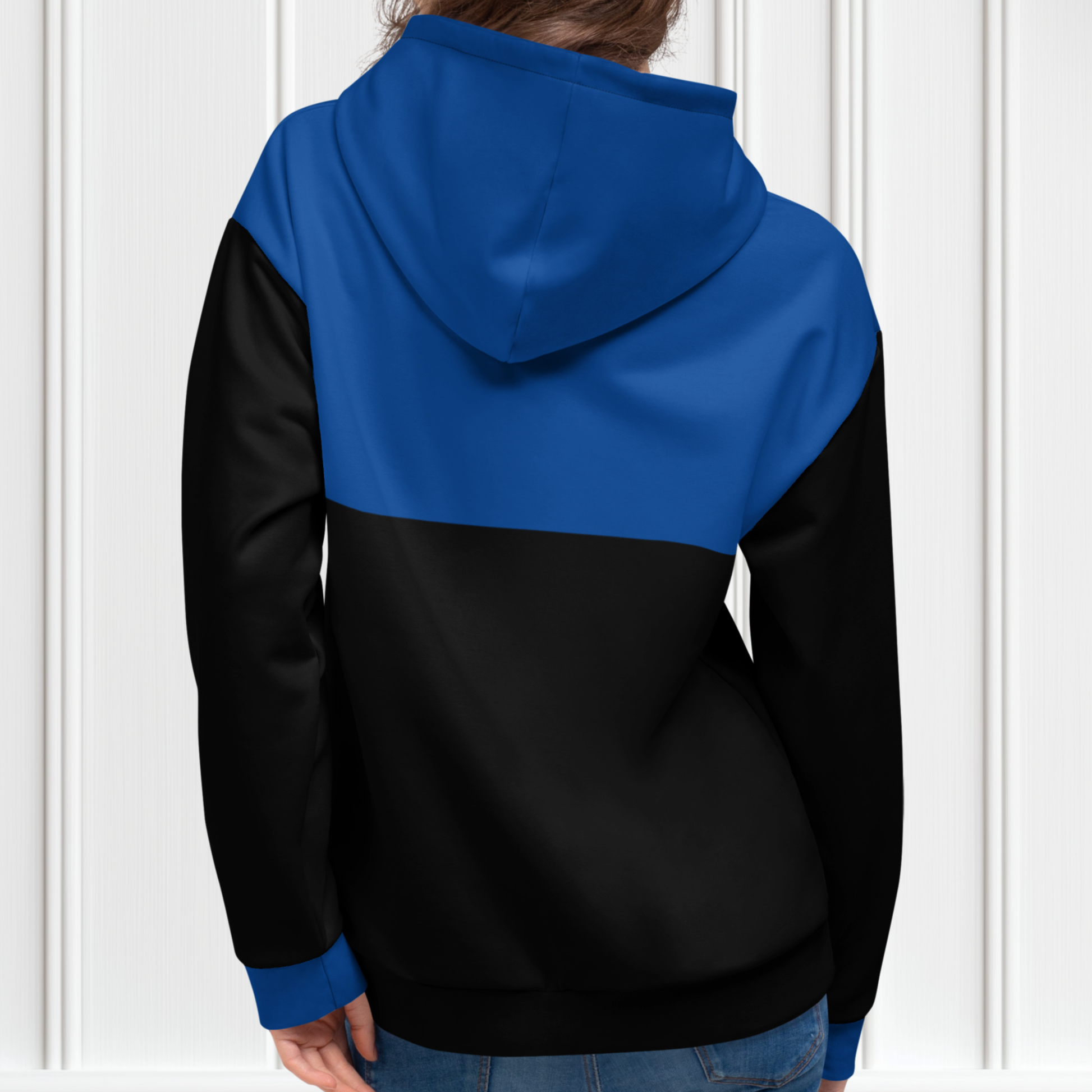 A custom unisex hand sewn hoodie with the top half along with the front pocket being a bright blue color, the rest of the hoodie is black in color,