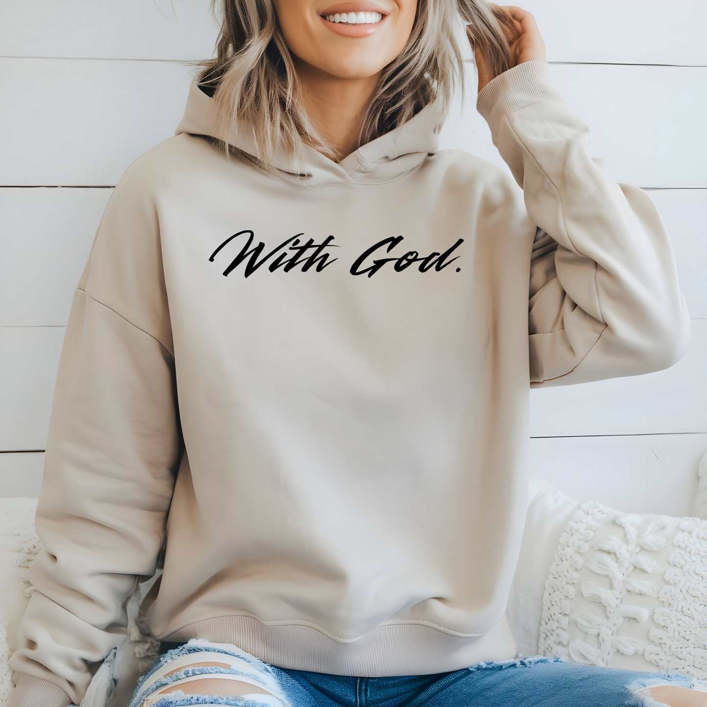 On the front of this custom Christian Hooded Sweatshirt are the words With God in large modern font across the top center of the hoodie.