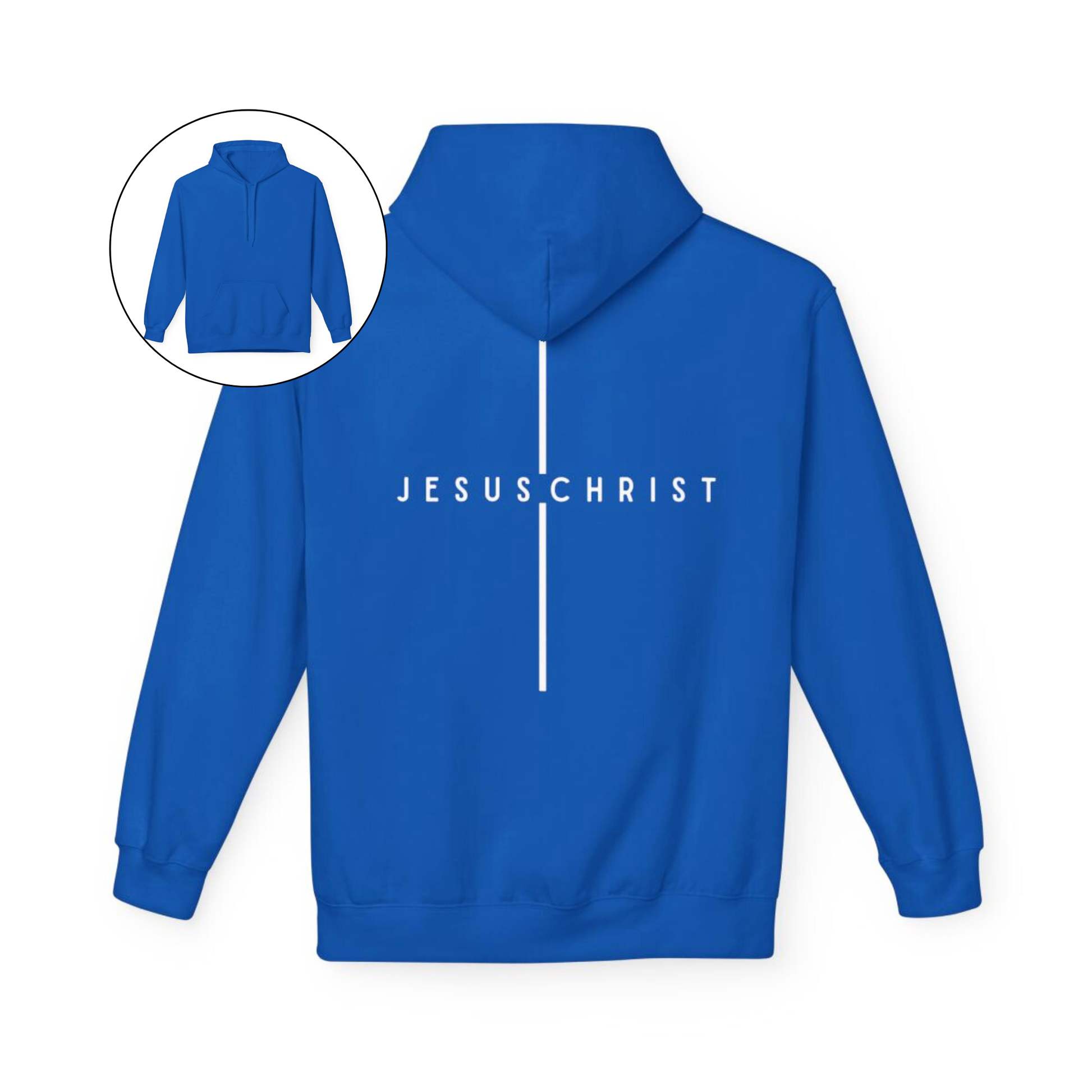 On the back of this custom Christian hoodie is the name Jesus Christ with a line above and below the name making it look like a cross.