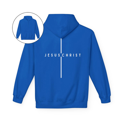 On the back of this custom Christian hoodie is the name Jesus Christ with a line above and below the name making it look like a cross.