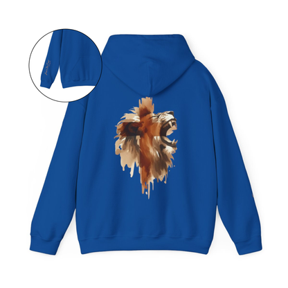 This custom Christian unisex hoodie features a image of a majestic male lion roaring with a Jesus cross overlayed overtop of the lion on the back of the hoodie, the bible verse Have No Fear Psalms 27:1 is on the right sleeve in gold cursive font.