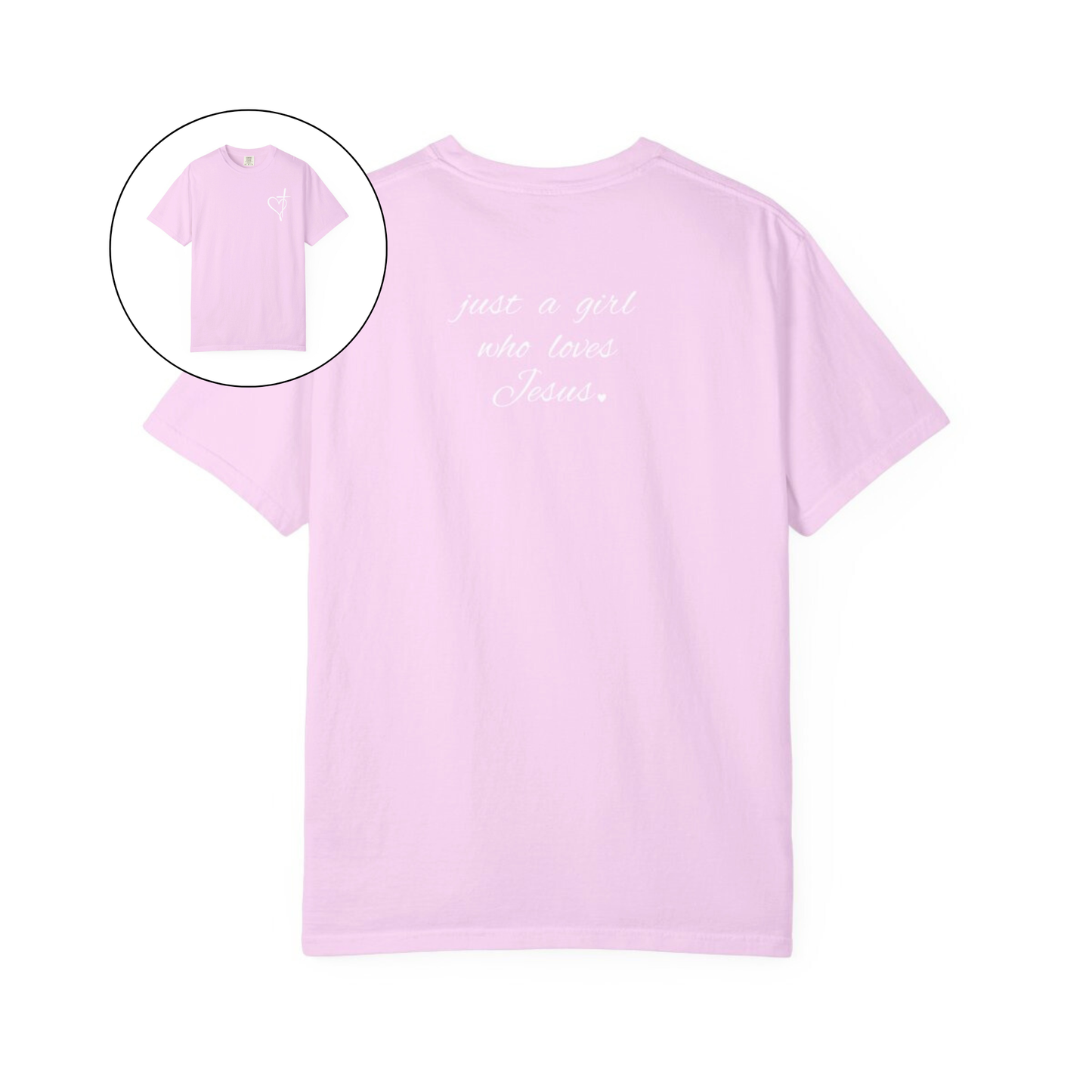 On the front of this custom women's Christian t-shirt is a heart with a cross through it, on the back top of the shirt right between the shoulder blades are the words just a girl who loves Jesus in a cursive writing.
