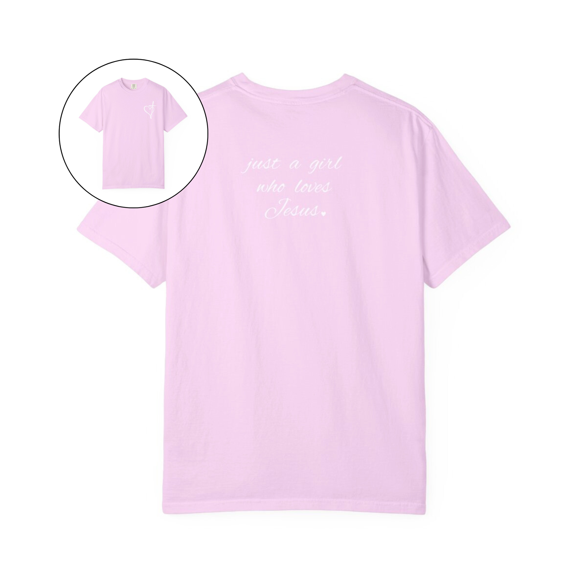 On the front of this custom women's Christian t-shirt is a heart with a cross through it, on the back top of the shirt right between the shoulder blades are the words just a girl who loves Jesus in a cursive writing.
