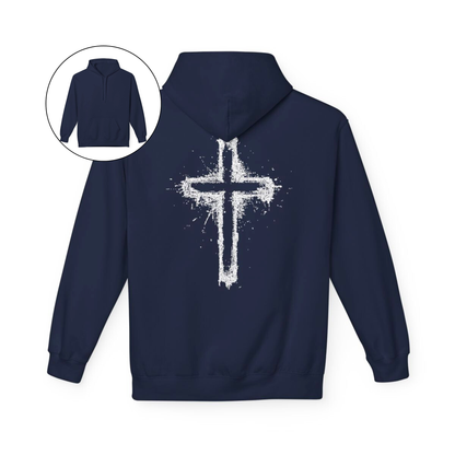 On the back of this Christian hoodie is a large spray painted Jesus cross that takes up the entire back of the sweater.