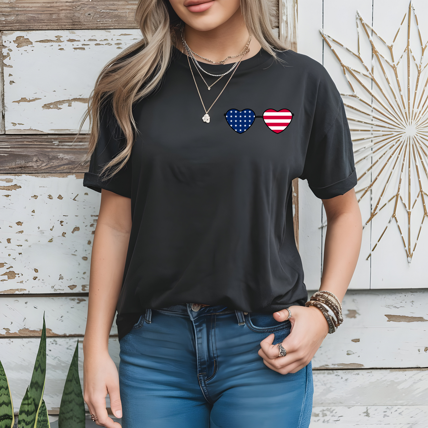 This super soft unisex t-shirt has a image of a pair of heart shaped sunglasses over the front left chest of the shirt, the American flag is inside the sunglasses. Perfect for 4th of July celebrations.
