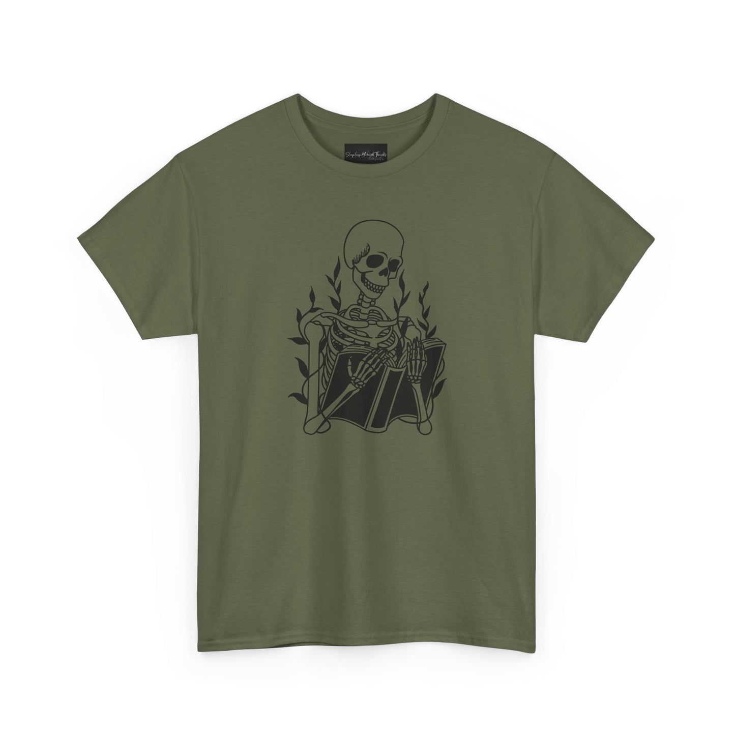On the front of this custom unisex short sleeve shirt is a large image of a skeleton reading a book, there are vines with leaves on them behind the skeleton.