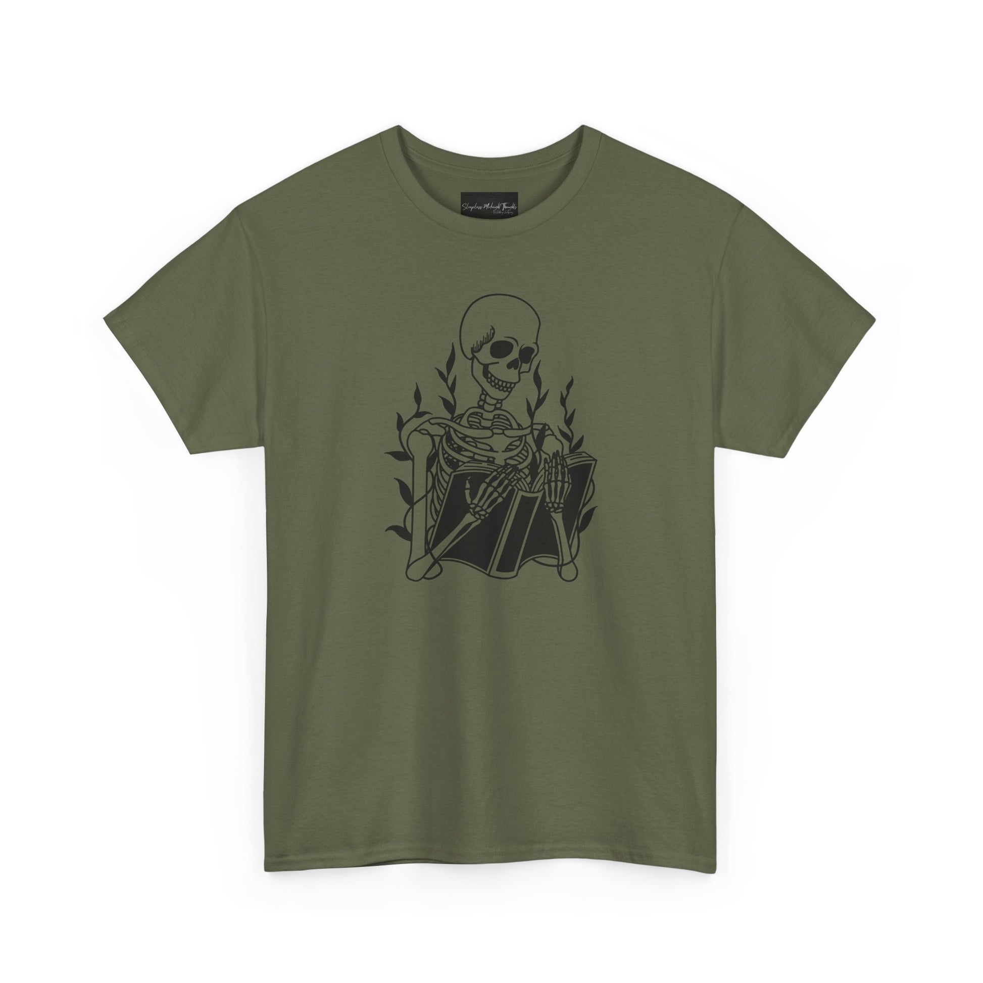 On the front of this custom unisex short sleeve shirt is a large image of a skeleton reading a book, there are vines with leaves on them behind the skeleton.