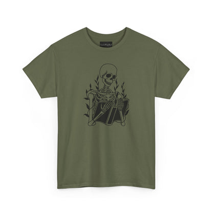 On the front of this custom unisex short sleeve shirt is a large image of a skeleton reading a book, there are vines with leaves on them behind the skeleton.