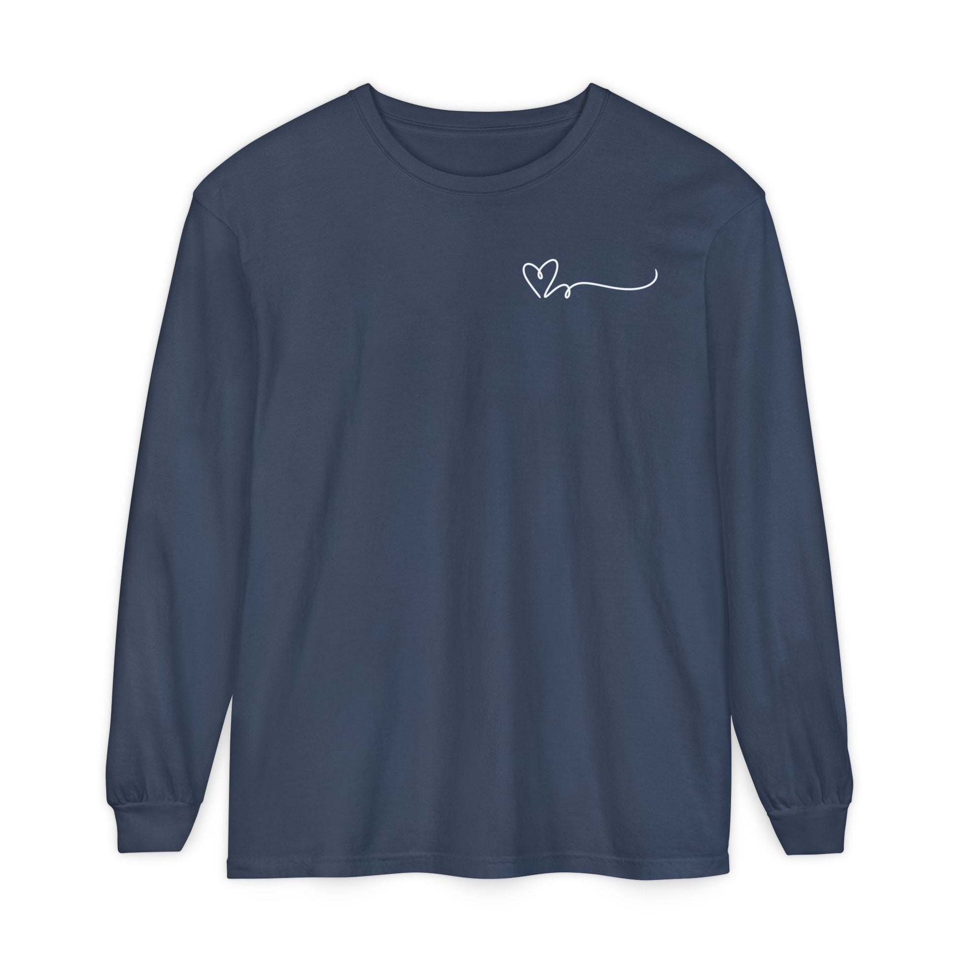 On the top right chest of this custom long sleeve t-shirt is a heart with a trail behind it signifying a heartbeat that you would see on a heart monitor. Perfect for health care workers and teachers.